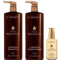 Keratin Oil Shampoo, Condicionador Lustrous 950ml e Oil Hair Treatment Lanza