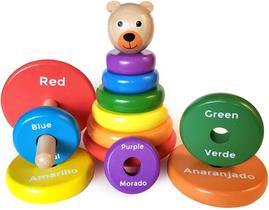 Kids KORNER Empilhador de Urso de Madeira Bilíngue - Brinquedos de Empilhamento Educacional para de 1 ano Aprenda cores de arco-íris em inglês e espanhol Ebook de atividades de aprendizagem de brinquedos para bebês e crianças