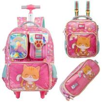 kiit Mochila de Rodinhas 17 Alças Tween Gato Confetti + Lancheira+ estojo