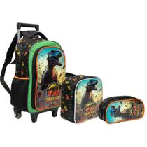 KIit Mochila T-rex Attack Rodinhas Lancheira Estojo Dinossauro