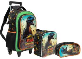 KIit Mochila T-rex Attack Rodinhas Lancheira Estojo Dinossauro