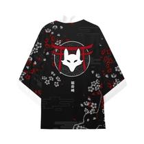 Kimono Cardigã Estilo Japonês Com Estampa De Sakura Vermelha E Preta Para Homens E Mulheres, Máscara Kimono Cardigã Estilo Japonês Com Estampa De Sakura Vermelha E Preta Para Homens E Mulheres, Máscara