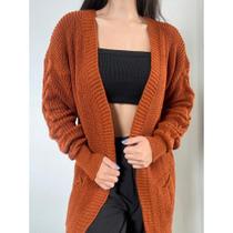 Kimono Cardiga Tricot Feminino Com Bolsos Casaco Com Trancas Moda Inverno