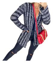 Kimono Feminino Casaco Tricot Inverno Listrado Quente