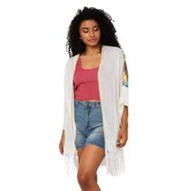 Kimono Feminino Tricot com Costas Estampada e Franja Verão Calor Saida de Praia M2-558