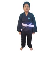 kimono Infantil Reforçado Jiu-Jitsu + Faixa branca com ponta preta.