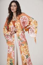 Kimono Longo Com Faixa Laranja Estampado Yacamim J5