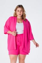 Kimono Plus Size Barra Reta Manga 3/4 Crepe Pink Aline