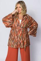 Kimono Plus Size Estampado Com Faixa Manga Longa Moda Feminina