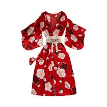 Kimono Preto Feminino Com Decote Em V, Estampa Floral, Laço Na Cintura, Cardigã Modelador, Vestido