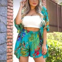 Kimono shorts cropped 3 peças feminina