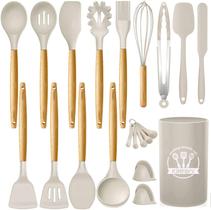 Kinfayv Silicone Cooking Utensils Kitchen Utensil Set, 21 PCS Cabo de Madeira BPA Free Silicone Spoon Spatula Turner Tongs Kitchen Gadgets Utensil Set for Nonstick Cookware with Holder (Khaki)
