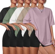 Kinglaman Kit com 5 Camisetas Femininas Oversized com Gola Careca Kinglaman Kit com 5 Camisetas Femininas Oversized com Gola Careca