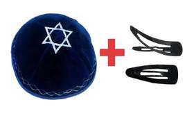 Kipa Judaico Estrela De Davi ul De Israel + 2 Prendedores