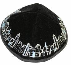 Kipa Judaico Veludo Jerusalém - Preto Com Prata - De Israel