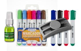 KIT 01 Apagador Plástico Para Quadro Branco Com Porta Canetas 9074 STALO + 10 Marcadores Para Quadro Branco BRW + 01 Limpador Para Quadro Branco Líqui