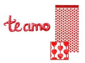 Kit 01 Balão Te Amo e 01 Cortina Coração Metalizada Vermelha Kit 01 Balão Te Amo e 01 Cortina Coração Metalizada Vermelha