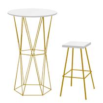 Kit 01 Banqueta Alta Eliza Com 01 Mesa Bistrô Flork Industrial Ferro Dourado 100% MDF Branco - Ahazzo Móveis