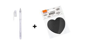 Kit 01 Caneta em Gel MOLIN Grip Branca + 01 - Bloco Adesivo Coração Preto 70x70mm - 50 folhas - BRW