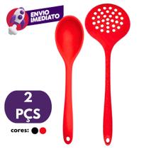 Kit 01 Escumadeira Universal E 01 Colher Arroz Grande Panela Teflon Cerâmico Em Silicone Maciço