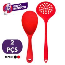 Kit 01 Escumadeira Universal E 01 Colher Arroz Pequena Panela Eletrica Silicone Maciço Resistente