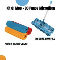 Kit 01 Mop Chenille 03 Panos Microfibra Limpeza Casa Chão Absorção Lustrador Superfície