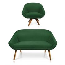 Kit 01 Namoradeira 02 Lugares E 01 Poltrona Giratória Giovana Suede Base Madeira Mm30 D'rossi Verde