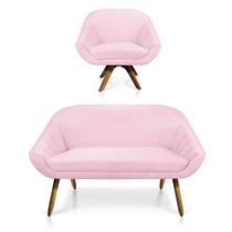 Kit 01 Namoradeira 02 Lugares e 01 Poltrona Giratória Giovana Suede Rosa Bebê Base Madeira MM30 D03 - D'Rossi