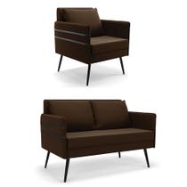 Kit 01 Namoradeira 02 Lugares e 01 Poltrona Mari Suede Marrom Pés Palito de Ferro