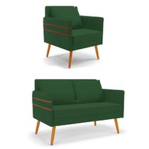 Kit 01 Namoradeira 02 Lugares e 01 Poltrona Mari Veludo Verde Pés Palito Castanho Kit 01 Namoradeira 02 Lugares e 01 Poltrona Mari Veludo Verde Pés Palito Castanho
