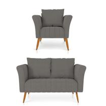 Kit 01 Namoradeira 02 Lugares e 01 Poltrona Marilia Linho Grafite A26 Pés Palito Castanho