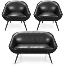 Kit 01 Namoradeira 02 Lugares E 02 Poltronas Giovana Corano Preto Pés Palito De Ferro Kit 01 Namoradeira 02 Lugares E 02 Poltronas Giovana Corano Preto Pés Palito De Ferro