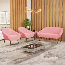 Kit 01 Namoradeira 02 Lugares e 02 Poltronas Giovana Suede Rosê Pés Palito De Ferro D03 - D'Rossi