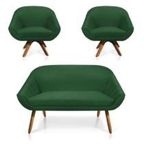 Kit 01 Namoradeira 02 Lugares E 02 Poltronas Giratória Giovana Suede Base Madeira Mm30 D'rossi Verde