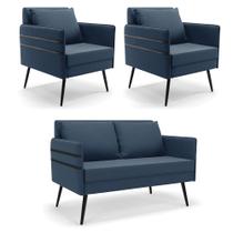Kit 01 Namoradeira 02 Lugares e 02 Poltronas Mari Suede Azul Marinho Pés Palito de Ferro Kit 01 Namoradeira 02 Lugares e 02 Poltronas Mari Suede Azul Marinho Pés Palito de Ferro