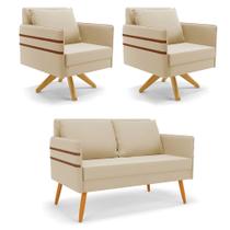 Kit 01 Namoradeira 02 Lugares e 02 Poltronas Mari Suede Bege Base de Madeira MA30