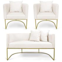 Kit 01 Namoradeira 02 Lugares E 02 Poltronas Paola Linho Base Metálica Dourado Cor A27 Areia