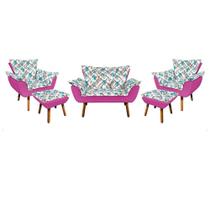 Kit 01 Namoradeira Com 02 Poltronas E 02 Puffs Opala Composê Suede Com Estampado Traçado Azul D33 Pés Palito Castanho Pink