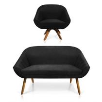 Kit 01 Namoradeira E 01 Poltrona Suede Base Madeira Mm30 Preto