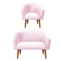 Kit 01 Namoradeira e 01 Poltrona Suede Rosa Bebê Pés Palito