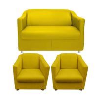 Kit 01 Namoradeira e 02 Poltronas Decorativa Bia Suede Amarelo