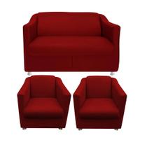 Kit 01 Namoradeira e 02 Poltronas Decorativa Bia Suede Vermelho