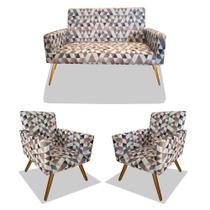 Kit 01 Namoradeira e 02 Poltronas Decorativa Nina Suede Triangulos Bege com rodapé Kit 01 Namoradeira e 02 Poltronas Decorativa Nina Suede Triangulos Bege com rodapé