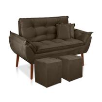 Kit 01 Namoradeira Opala +02 Puff Quadrado + 02 Almofadas Suede Marrom -Pandora Decor