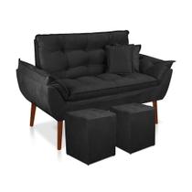 Kit 01 Namoradeira Opala + 02 Puff Quadrado + 02 Almofadas Suede Preto-Pandora Decor