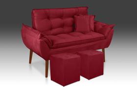 Kit 01 Namoradeira Opala + 02 Puff Quadrado+ 02 Almofadas Suede Vermelho - CASA DA POLTONA