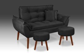 Kit 01 Namoradeira Opala + 02 Puff Redondo + 02 Almofadas Suede Preto -Alto Padrão