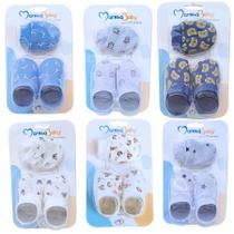 Kit 01 Par de Luvas e 01 Par de Pantufas 100 Algodão Suedine para Bebê Recém Nascido Enxoval