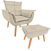 Kit 01 Poltrona Decorativa + Puff Opala Suede Bege para Sala de Estar