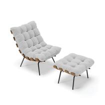 Kit 01 Poltrona e 01 Puff Costela Linho Cinza A05 Base Metálica Preto - D'Rossi